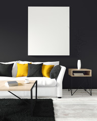 3d illustration, interior, sofa, black wall, wooden floor, 3d rendering, template