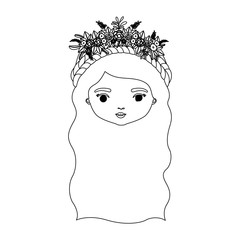 monochrome silhouette of caricature front view face woman with wavy long hairstyle and braid crown decorate with flowers
