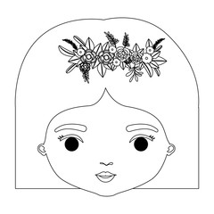 monochrome silhouette of caricature closeup front view face woman with straigh short hairstyle and crown decorate with flowers