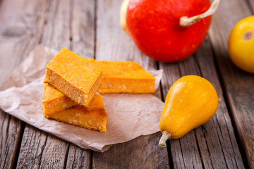Baking with pumpkin. Autumnal dessert on a vintage wooden background.selective focus.