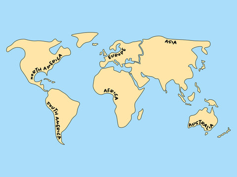 World map divided to six continents. Yellow lands and blue water. North America, South America, Africa, Europe, Asia and Australia Oceania. Simplified silhouette vector map with continent name labels