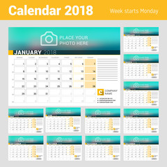 Calendar for 2018 Year. Vector Design Print Template with Place for Photo, Logo and Contact Information. Week Starts on Monday. Calendar Grid with Week Numbers and Place for Notes