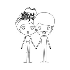 monochrome silhouette of caricature couple standing and both with pants and her with collected hair and floral crown and him with beard