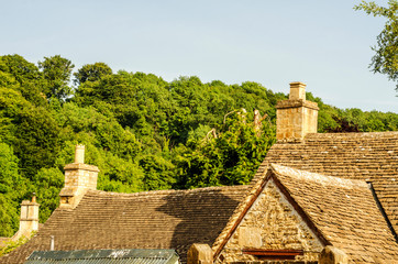 Roofs of buildings covered with sar roof tile, beautiful English architecture, old roofs