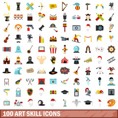 100 art skill icons set, flat style
