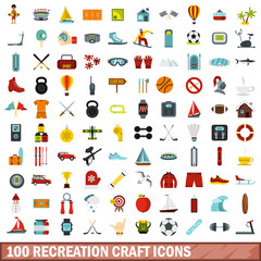 100 recreation craft icons set, flat style