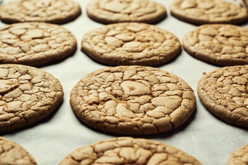 Biscuit sweet cookie background. Domestic stacked butter biscuit pattern concept,close up macro.Homemade cookies on wooden table.Cereal biscuits with the sesame,peanuts,sunflower and amaranth.
