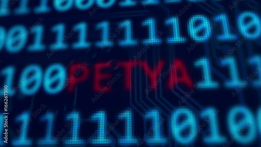 Poster petya red text between blue binary data background blue screen with depth of field in 4k