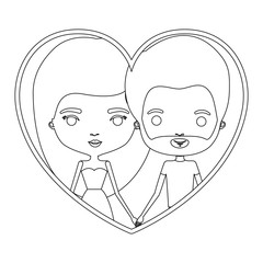 monochrome silhouette heart shape portrait caricature with couple and her with dress and long hair and him with short hair and beard