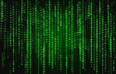 Green neon binary code on a black background