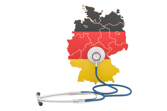 German map with stethoscope, national health care concept, 3D rendering