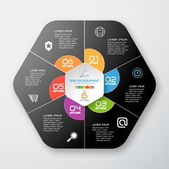 Vector infographic of gradient dark gray hexagonal form and color segments cut from paper with shadow, text and color icons on the gradient gray background.