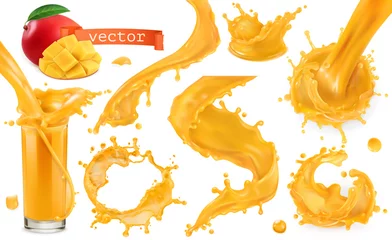 Badezimmer Foto Rückwand Orangefarbener Farbspritzer. Mango, Ananas, Papayasaft. 3D realistischer Vektor-Icon-Set © Natis