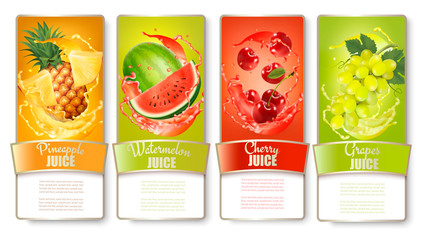 Set of labels of of fruit in juice splashes. Pineapple, watermelon, cherry, grapes. Vector.