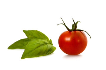 Fresh tomato and basil isolated on white background