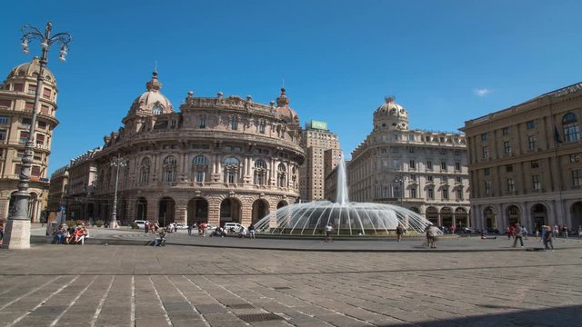 GENOA, ITALY - JUNE 27, 2017: 4K Time-lapse of De Ferrari square in Genoa, the heart of the city with the central fountain and the Liberty architecture of the surrounding palaces