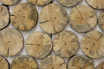Wooden round slices of logs in the interior. The texture of the wood. Wooden component interior walls.