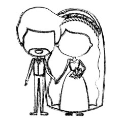 monochrome blurred silhouette of caricature faceless newly married couple groom with formal wear and bride with wavy long hairstyle
