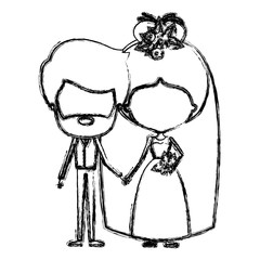 monochrome blurred silhouette of caricature faceless newly married couple bearded groom with formal wear and bride with bun hairstyle