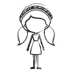 monochrome blurred silhouette caricature of skinny faceless woman in dress with double pigtails hairstyle and braid