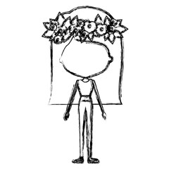 monochrome blurred silhouette caricature of skinny faceless woman in clothes with straight medium hairstyle and flower crown accesory