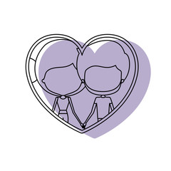 silhouette heart shape lilac shadow with contour faceless couple bearded man and woman side bun hairstyle inside holding hands