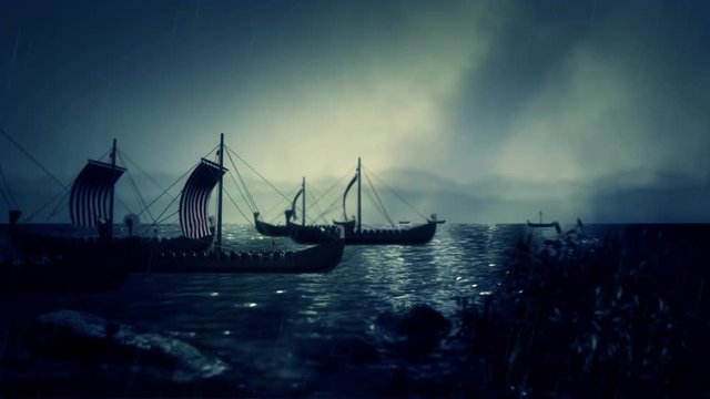 Viking Fleet Sailing to Shore with their Longboats