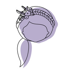 silhouette lilac color shadow of contour caricature closeup front view faceless woman with side ponytail hairstyle and braid crown decorate with flowers