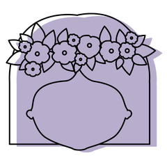 silhouette lilac color shadow of contour caricature closeup front view faceless woman with straigh short hairstyle and crown decorate with flowers