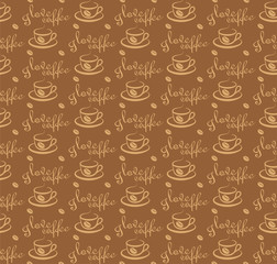 Brown seamless background with cups of coffee and with the inscription I love you coffee