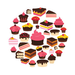 Cake flat icons set on circle. Cake vector illustration for design and web isolated on white background. Cake vector object for labels, logos and advertising