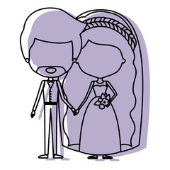 silhouette lilac color shadow of contour caricature faceless newly married couple groom with formal wear and bride with wavy long hairstyle