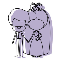 silhouette lilac color shadow of contour caricature faceless newly married couple bearded groom with formal wear and bride with bun hairstyle
