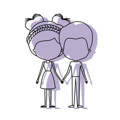 watercolor silhouette of faceless caricature couple standing and him with short hair and her with dress and double bun hairstyle