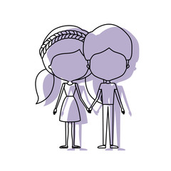 watercolor silhouette of faceless caricature couple standing and her with dress and pigtails hairstyle