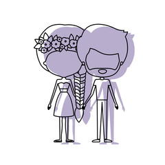 watercolor silhouette of faceless caricature couple standing and her in dress with braided hair with floral crown and him with beard