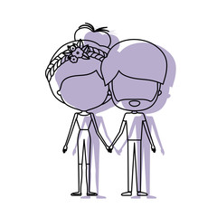 watercolor silhouette of faceless caricature couple standing and both with pants and her with collected hair and floral crown and him with beard