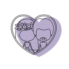 watercolor silhouette heart shape portrait with caricature faceless couple and her with medium straight hair and floral crown accesory and him with van dyke beard