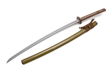 Brown handle Japanese sword and green scabbard on white background