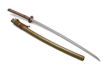 Brown handle Japanese sword and green scabbard on white background