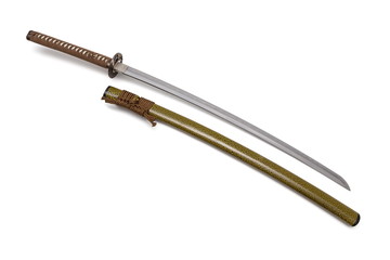Brown handle Japanese sword and green scabbard on white background