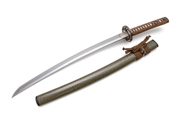 Brown handle Japanese sword and green scabbard on white background
