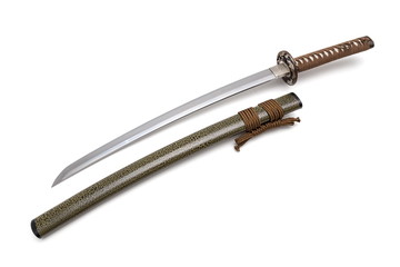Brown handle Japanese sword and green scabbard on white background