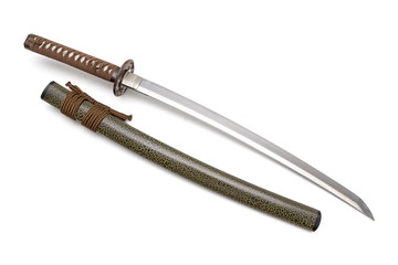 Brown handle Japanese sword and green scabbard on white background