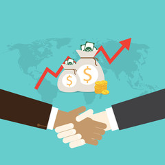 Handshake of business people. Flat design modern vector illustration concept. on money bag background and world map