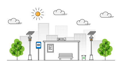 Sun energy sidewalk vector illustration. Urban streetlight with solar panel to generate electricity line art concept. Street lantern on the pavement graphic design.