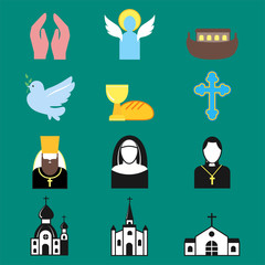 Christianity religion flat icons vector illustration of traditional holy religious silhouette praying people