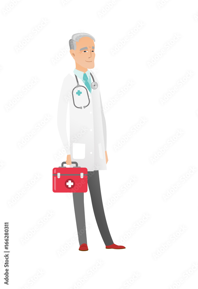 Wall mural senior caucasian doctor holding first aid box.