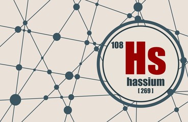 Hassium chemical element. Sign with atomic number and atomic weight. Chemical element of periodic table. Molecule And Communication Background. Connected lines with dots.