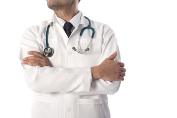 Portrait of a medical doctor posing against white background.